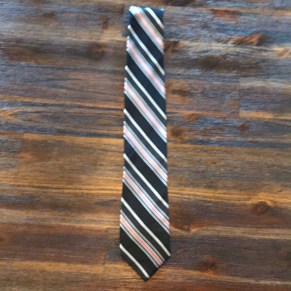 Black, white, gray, and red striped tie